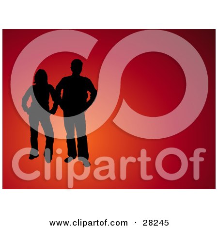 Clipart Illustration of a Silhouetted Teen Girl Standing By Her Brother, Both With Attitude Over A Red Background by KJ Pargeter