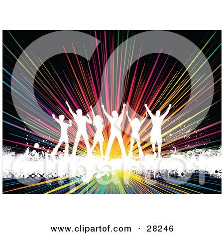 Clipart Illustration of Six White Silhouetted People Dancing On A White Grunge Text Bar Over A Bursting Rainbow Background On Black by KJ Pargeter