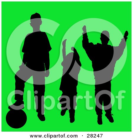 Clipart Illustration of a Set Of Three Silhouetted Athletic Boys With A Soccer Ball On A Green Background by KJ Pargeter