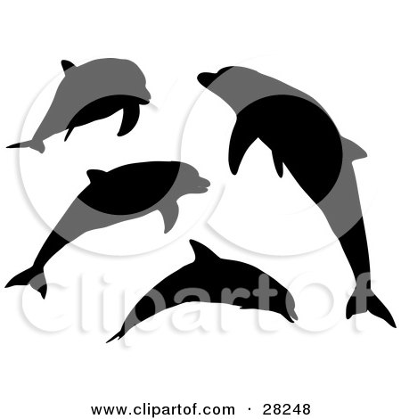Clipart Illustration of a Set Of Four Silhouetted Dolphins Swimming, Jumping And Leaping by KJ Pargeter