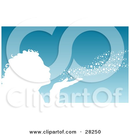 Clipart Illustration of a White Silhouetted Woman Or Girl Blowing Snow Out Of Her Hand Over A Blue Winter Background by KJ Pargeter