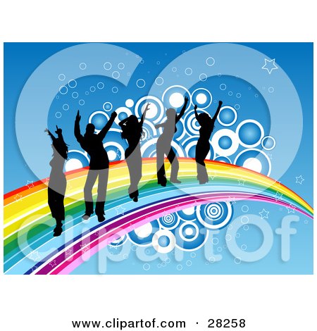 Clipart Illustration of Five Black Silhouetted People Dancing On A Rainbow With Stars And Circles, Over A Blue Background by KJ Pargeter