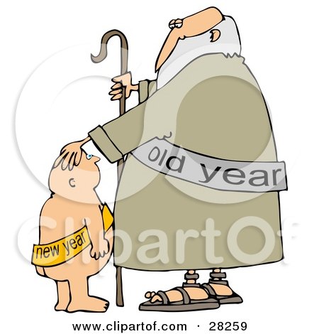 Clipart Illustration of a New Years Baby Boy Looking Up At An Old Man With A Cane by djart
