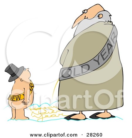 Clipart Illustration of a New Year Baby Boy Looking Up At An Old Man And Watching Write "Happy New Year" With His Pee by djart