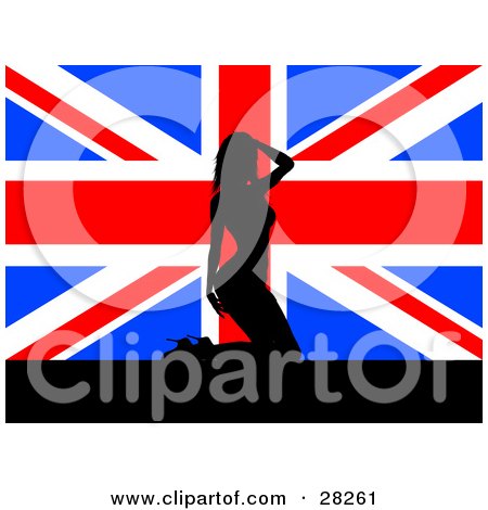 Clipart Illustration of a Sexy Black Silhouetted British Woman In Heels, Kneeling In Front Of A Union Jack Flag by KJ Pargeter
