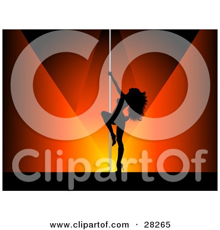 Clipart Illustration of a Sexy Black Silhouetted Pole Dancer Woman On A Stage Under Orange And Red Spotlights by KJ Pargeter