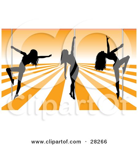 Clipart Illustration of Three Sexy Black Silhouetted Female Pole Dancers On An Orange And White Stage In A Strip Club by KJ Pargeter