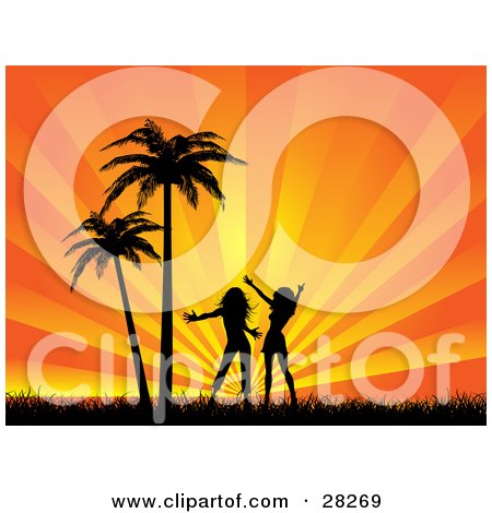 Clipart Illustration of Two Silhouetted Women, Friends Or Sisters, Silhouetted And Dancing In Grass By Palm Trees Against A Bursting Orange Background by KJ Pargeter