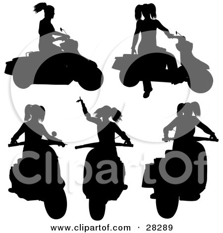 Clipart Illustration of a Woman On A Scooter In Five Different Poses, Silhouetted On White by KJ Pargeter