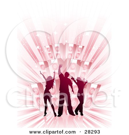 Clipart Illustration of a Silhouetted Man And Two Women Dancing In Front Of A Large Stack Of Music Speakers On A Bursting Pink Background by KJ Pargeter