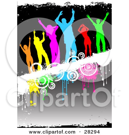 Clipart Illustration of a Group Of Six Diverse And Colorful Silhouetted People Dancing On A White Grunge Text Bar With Drips And Circles Over A Gradient Background by KJ Pargeter