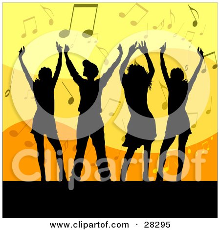 Clipart Illustration of a Group Of Four Silhouetted Men And Women Dancing Over An Orange And Yellow Background Of Music Notes by KJ Pargeter