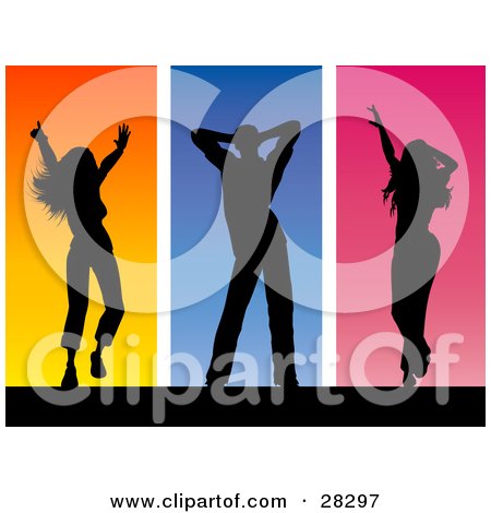 Clipart Illustration of a Black Silhouetted Man And Two Women Dancing Over Orange, Blue And Pink Backgrounds by KJ Pargeter