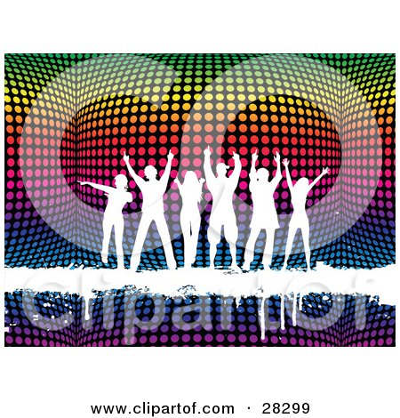 Clipart Illustration of a Group Of Six White Silhouetted People Dancing On A White Grunge Text Bar Over A 3d Colorful Disco Ball Background by KJ Pargeter