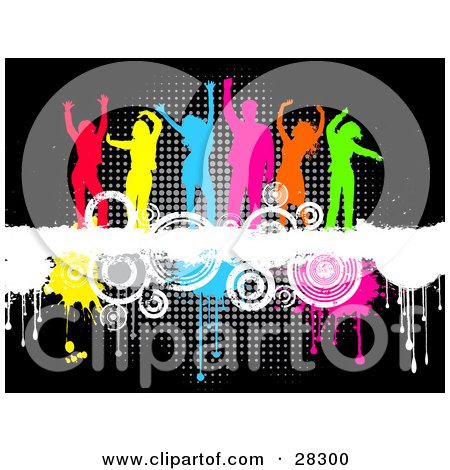 Clipart Illustration of a Group Of Six Colorful Silhouetted Men And Women Dancing On Top Of A White Grunge Text Bar On A Background Of Circles And Dripping Paint Over Black by KJ Pargeter