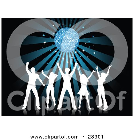Clipart Illustration of Five White Silhouetted People Dancing With Their Arms Up Under A Disco Ball With A Bursting Blue Background by KJ Pargeter
