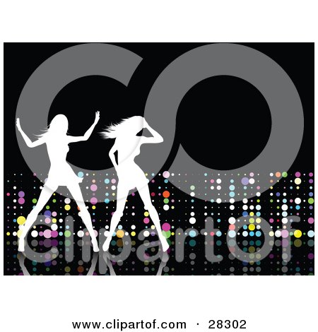 Clipart Illustration of Two White Silhouetted Women Dancing On A Reflective Black Dance Floor Over A Black Background With Colorful Disco Dots by KJ Pargeter