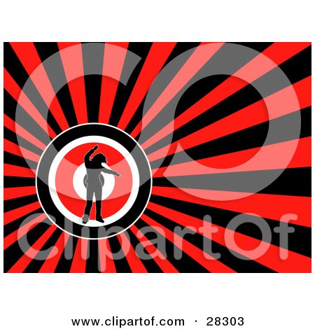 Clipart Illustration of a Black Silhouetted Person Dancing In The Center Of A Bullseye Over A Bursting Red And Black Background by KJ Pargeter