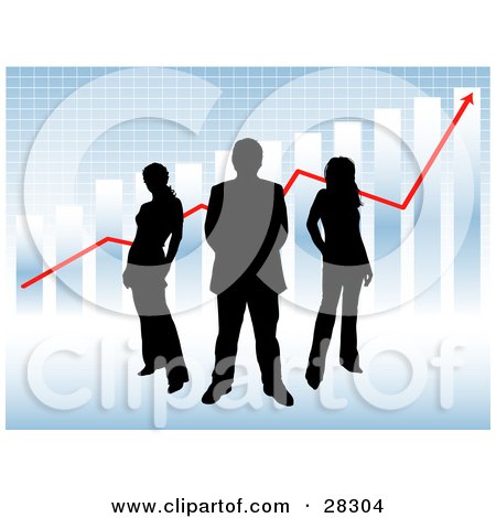 Clipart Illustration of a Black Silhouetted Businessman And Two Women Standing Against A Blue Background With A Bar Graph, Grid And Red Arrow by KJ Pargeter