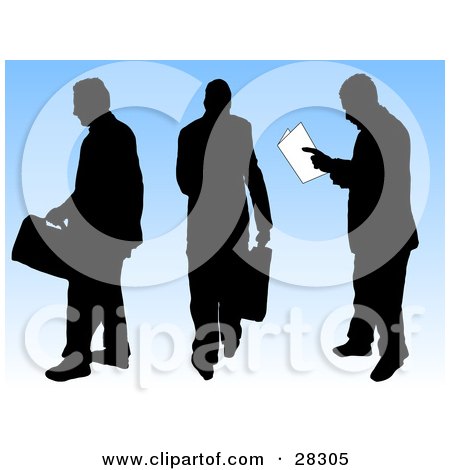 Clipart Illustration of Three Black Silhouetted Businessmen Carrying Briefcases, Walking Away And Reading Papers, Over A Blue Background by KJ Pargeter