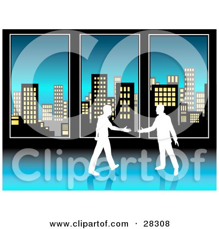 Clipart Illustration of Two White Silhouetted Businessmen Preparing To Shake Hands In Front Of Tall Office Windows Overlooking City Skyscrapers by KJ Pargeter