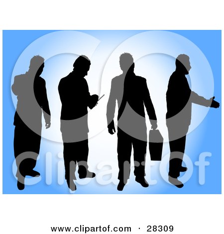 Clipart Illustration of Four Black Silhouetted Businessmen In Different Poses, Over A Blue And White Background by KJ Pargeter