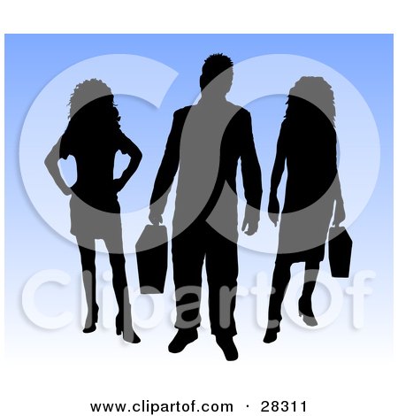 Clipart Illustration of a Black Silhouetted Businessman And Two Women Standing Against A Gradient Blue Background by KJ Pargeter