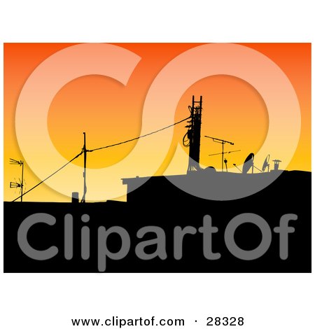 Clipart Illustration of an Industrial Building With Power Lines And Satellites, Against An Orange Sunrise Or Sunset by KJ Pargeter