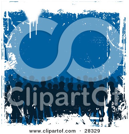 Clipart Illustration of Rows Of Silhouetted People In A Crowd, Over A Blue Background With A Grunge White Border, Drips And Scratches by KJ Pargeter