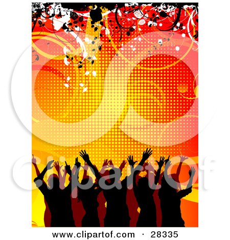 Clipart Illustration of a Silhouetted Party Crowd With Their Arms In The Air, Dancing Over An Orange Background Of Lines And Vines by KJ Pargeter