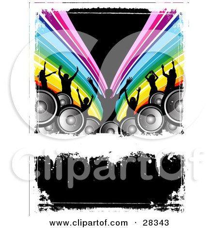 Clipart Illustration of Seven Black Silhouetted Dancers Behind Speakers Over A Rainbow Background, Parting Over Black, With White Grunge by KJ Pargeter