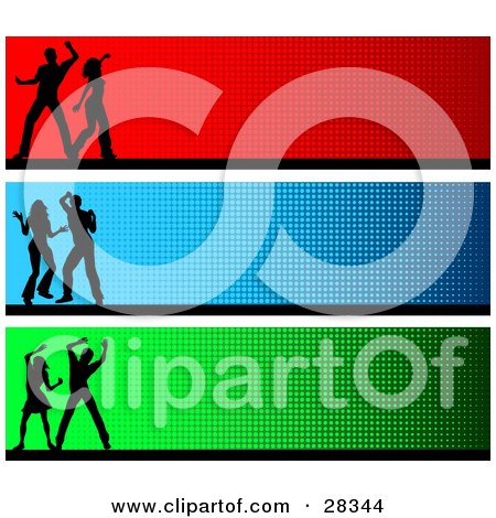 Clipart Illustration of Green, Blue And Red Website Header Banners With Silhouetted Dancers by KJ Pargeter