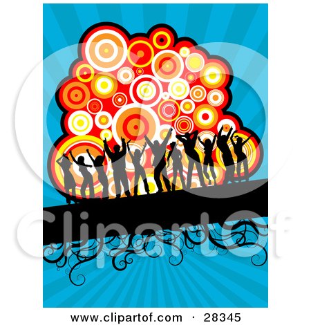 Clipart Illustration of Eleven Black Silhouetted Dancers On A Black Text Bar With Vines, In Front Of A Cluster Of Colorful Circles On A Bursting Blue Background by KJ Pargeter