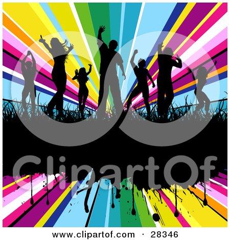 Clipart Illustration of Seven Black Silhouetted Dancers In Grass On A Black Grunge Text Bar Over A Bursting Rainbow Background by KJ Pargeter