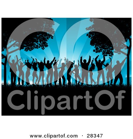 Clipart Illustration of a Crowd Of Black Silhouetted Dancers Dancing In Grass Under Trees Over A Bursting Blue Background by KJ Pargeter