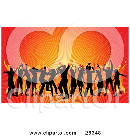 Clipart Illustration of a Crowd Of Black Silhouetted Dancers Over A Red And Orange Bursting Background by KJ Pargeter
