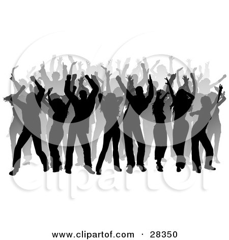 Clipart Illustration of a Black And Gray Silhouetted Dancers At A Party by KJ Pargeter