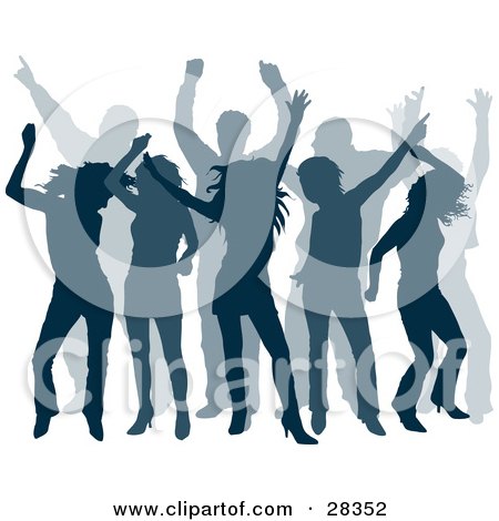 Clipart Illustration of a Group Of Dancers At A Party, Silhouetted In Blue by KJ Pargeter