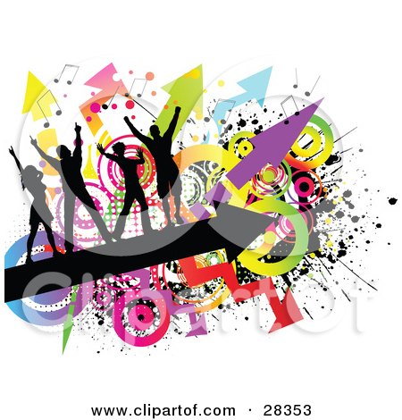 Clipart Illustration of Four Black Silhouetted Dancers Dancing On A Black Arrow Over A Grunge Background Of Colorful Circles, Arrows And Splatters On White by KJ Pargeter