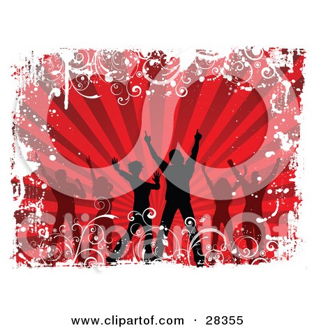 Clipart Illustration of Silhouetted Dancers Over A Bursting Red Background Bordered By White Grunge by KJ Pargeter
