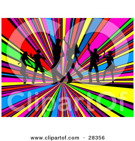 Clipart Illustration of a Bursting Colorful Background With Silhouetted Dancers by KJ Pargeter