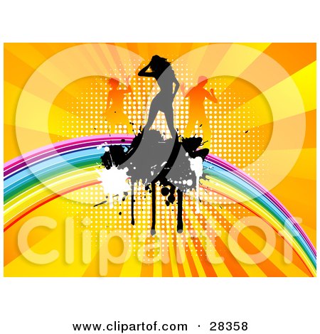 Clipart Illustration of a Black Silhouetted Dancer On A Rainbow, With White And Black Splatters Over A Bursting Orange And Yellow Background by KJ Pargeter
