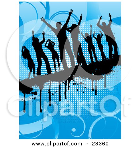 Clipart Illustration of a Eight Black Dancers Silhouetted On A Dripping Grunge Bar Over A Blue Background by KJ Pargeter