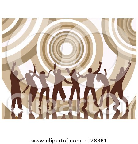 Clipart Illustration of Group Of Silhouetted Brown Dancers Over A Background Of Giant Circles by KJ Pargeter
