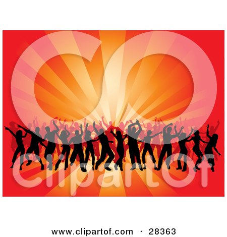 Clipart Illustration of Black Silhouetted Dancers At A Party, Over A Bursting Red And Orange Background by KJ Pargeter