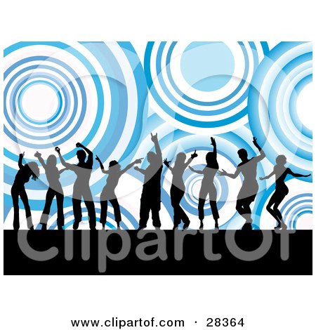 Clipart Illustration of Nine Black Dancers Silhouetted Against A Background Of Giant Blue And White Circles by KJ Pargeter