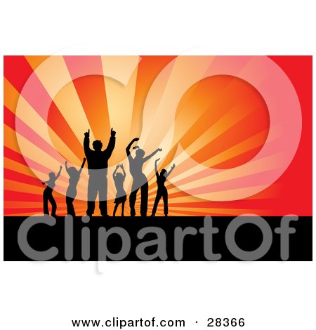 Clipart Illustration of Six Black Silhouetted Dancers Partying Over A Bursting Orange And Red Background With Rays by KJ Pargeter