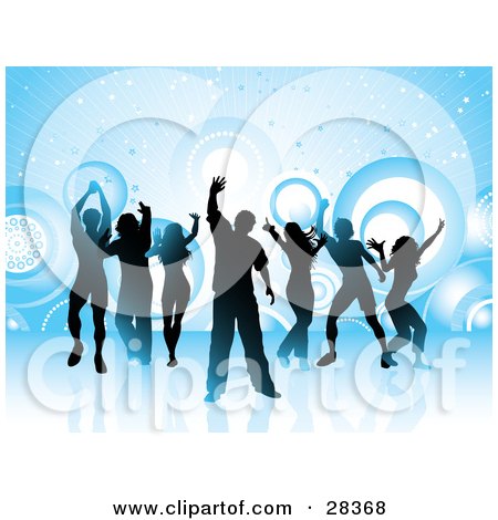 Clipart Illustration of Gradient Silhouetted Dancers Over A Blue Background With Circles by KJ Pargeter