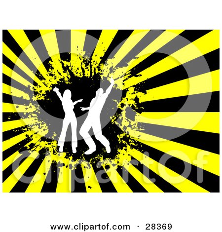 Clipart Illustration of Two White Silhouetted Dancers In A Black Circle Over A Bursting Black And Yellow Background by KJ Pargeter