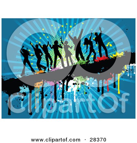 Clipart Illustration of Eight Black Silhouetted Dancers Dancing On A Dripping Grunge Text Bar With Colorful Splatters Over A Blue Bursting Background With Stars by KJ Pargeter